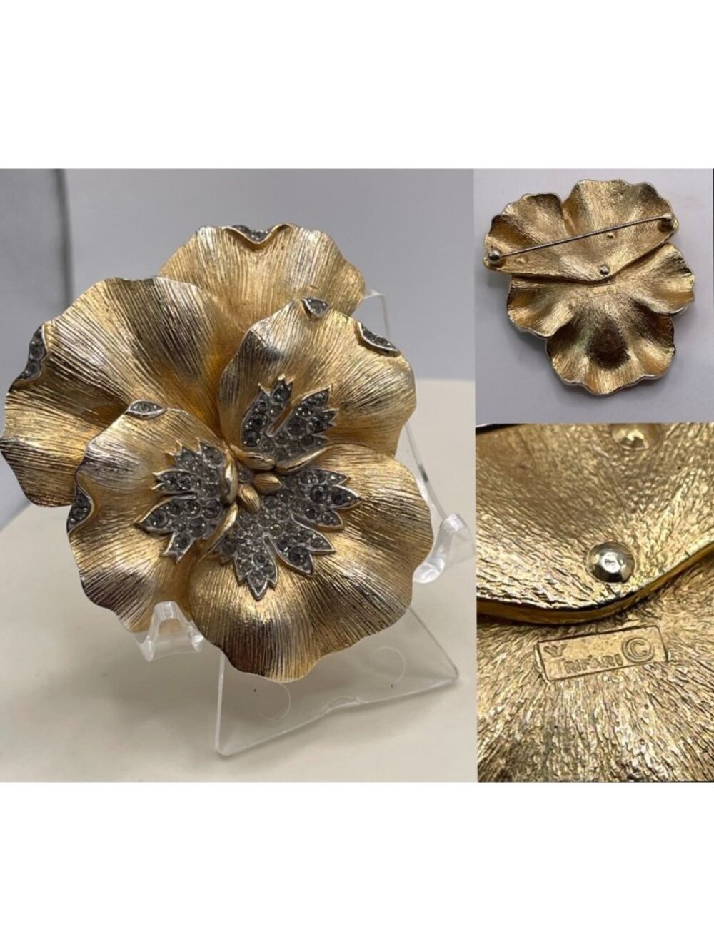 Vtg 60s Crown Trifari Alfred Philippe Pansy Flower Rhinestone Brooch Gold-Tone &